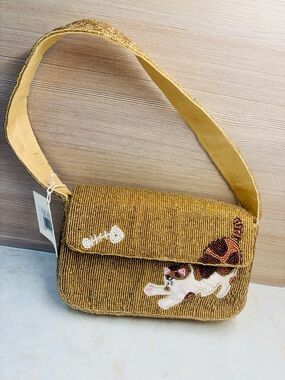 NWT SOL and Mer Beaded champagne gold Shoulder Bag with Kitty Cat Motif